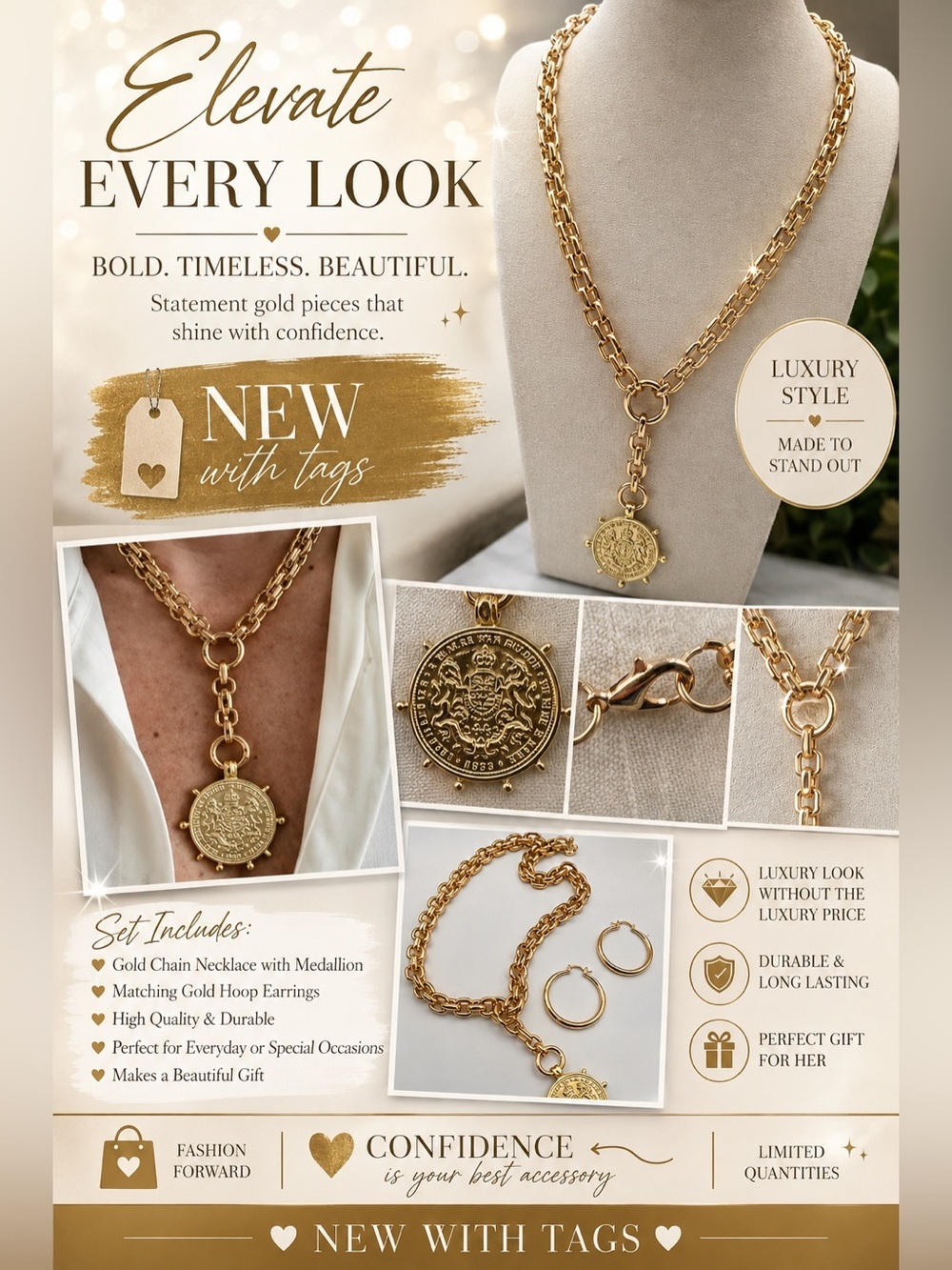 Gold Chain Necklace with Medallion and Matching Hoop Earrings